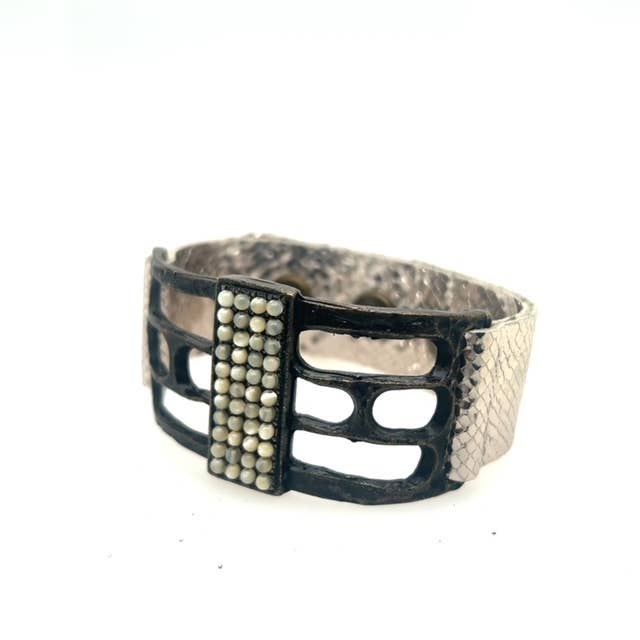 Open Rectangle Leather Bracelet: Vintage Brown w Black diamond