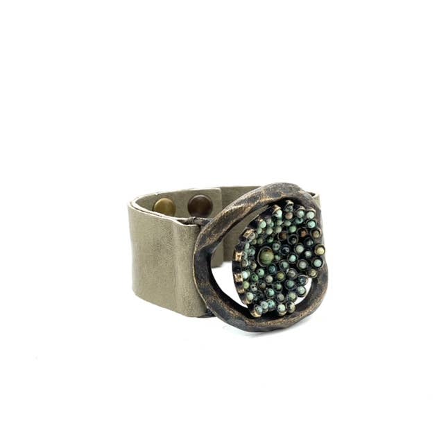 Flower Insert Beaded Leather Bracelet: Dk Crinkled Green w African Turq
