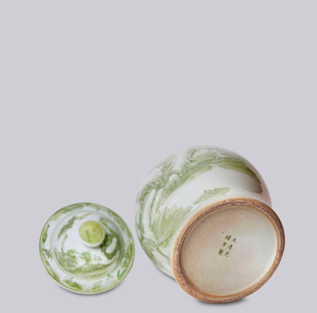 Medium Green and White Porcelain Landscape Temple Jar