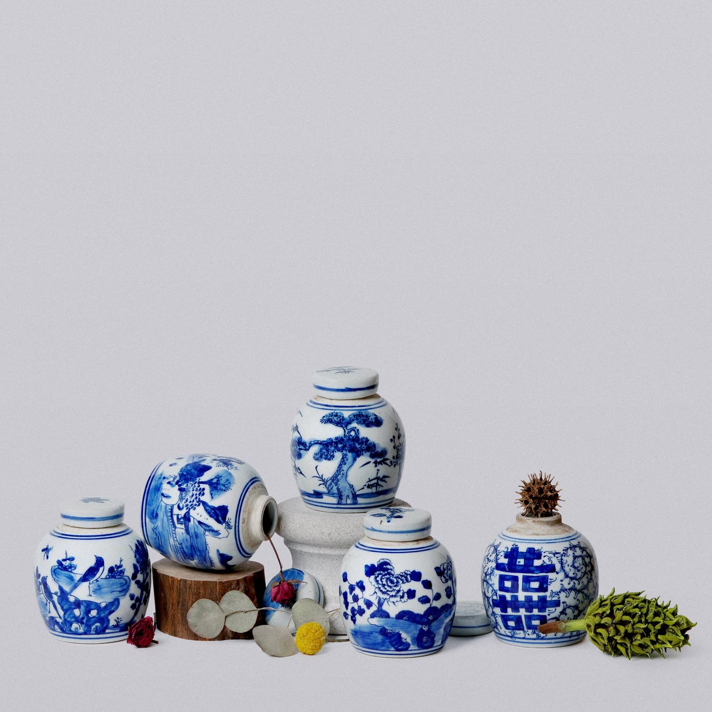 Blue and White Porcelain Mini Peony Floral Round Jar