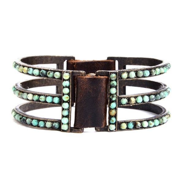 Double Sided Three Bar Bracelet: Vintage Brown w Africa Turq