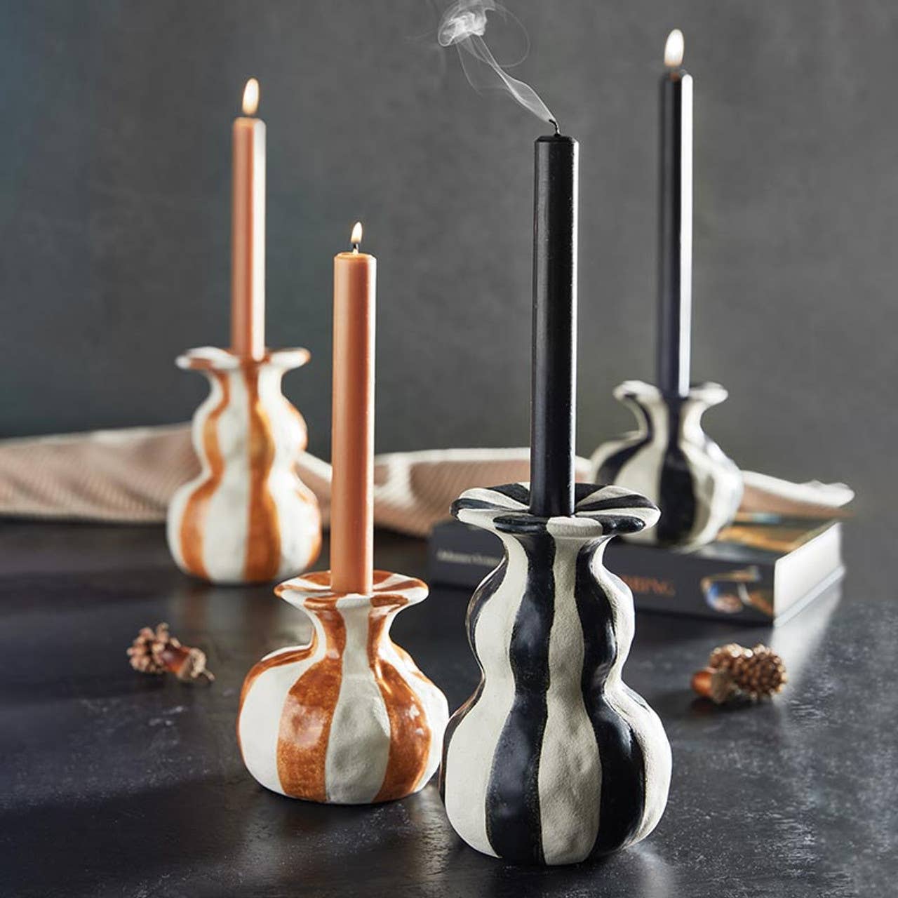 Black Striped Ceramic Candle Holder - Small: Ceramic / 4" Dia x 4" H