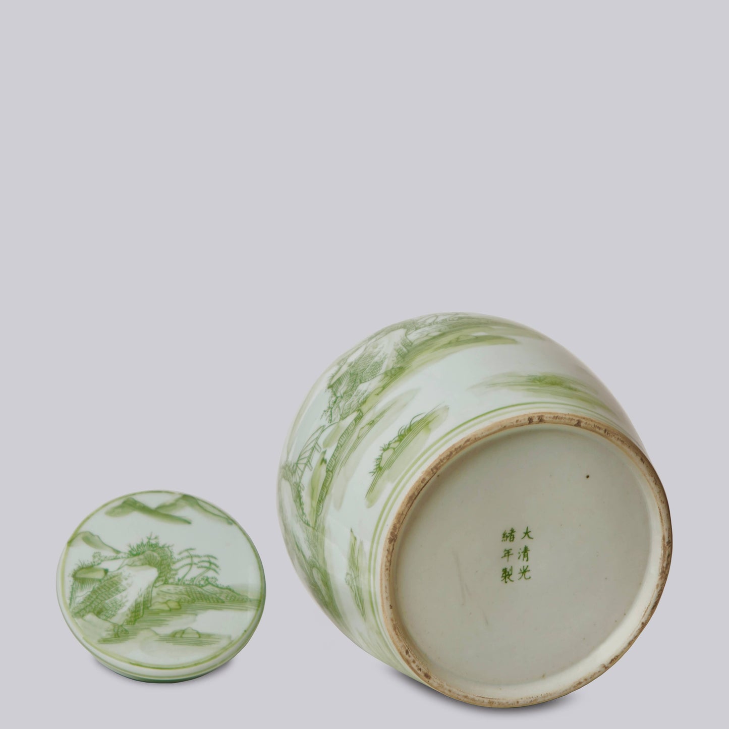 Landscape Green and White Porcelain Lidded Jar