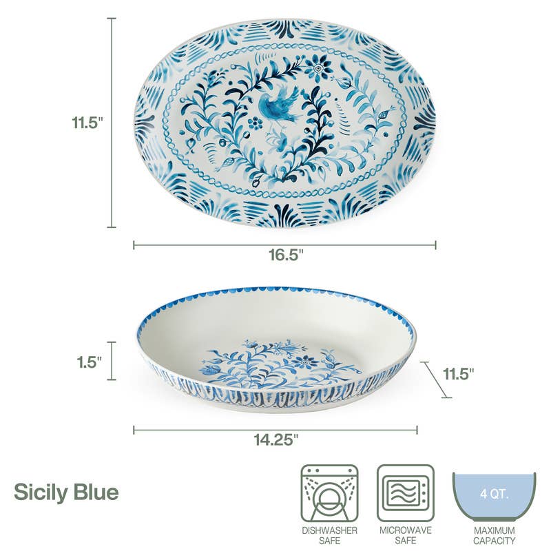 Fitz & Floyd Sicily Blue Serve Bowl Platter Set Brown Bx Pkg: BLUE / 5315726 / English