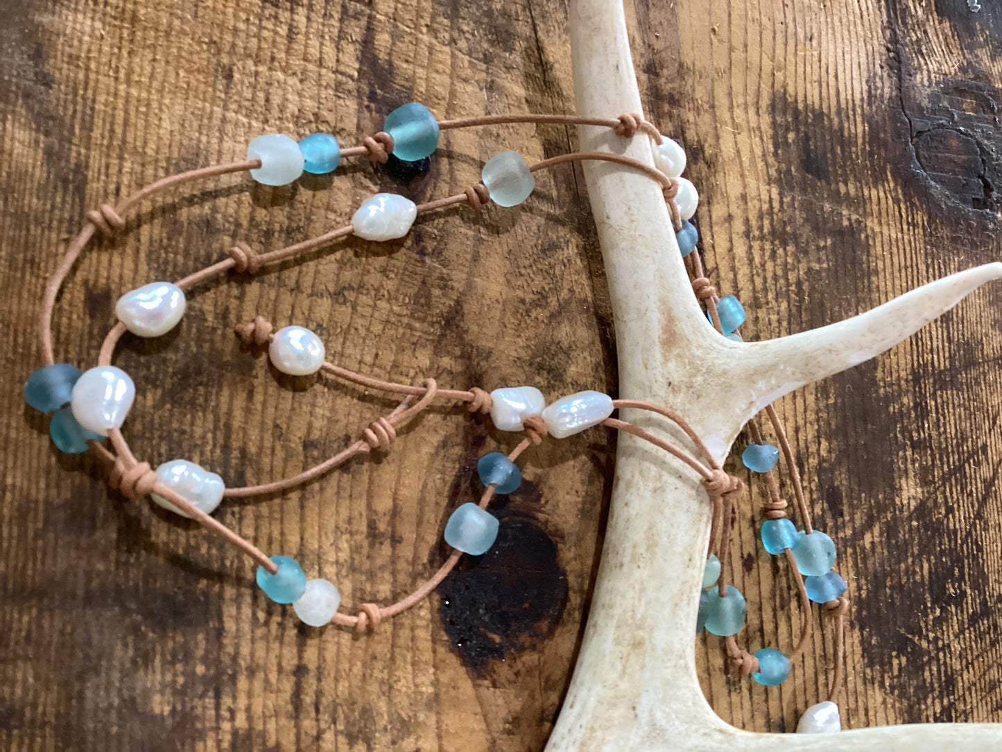Sea glass and Pearl necklace on leather