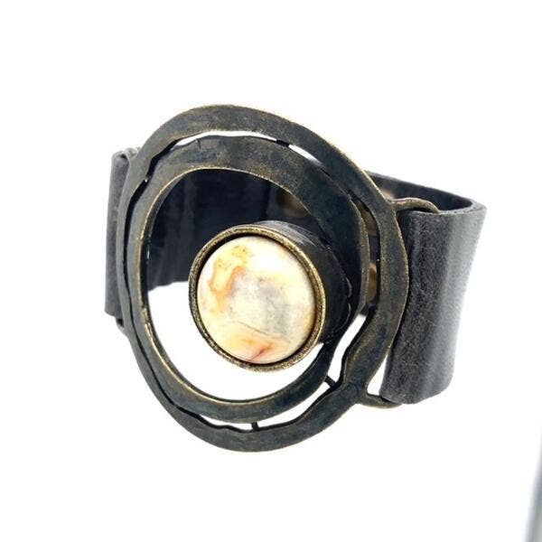 Off-Center Stone Leather bracelet: Vintage Brown w African Turq