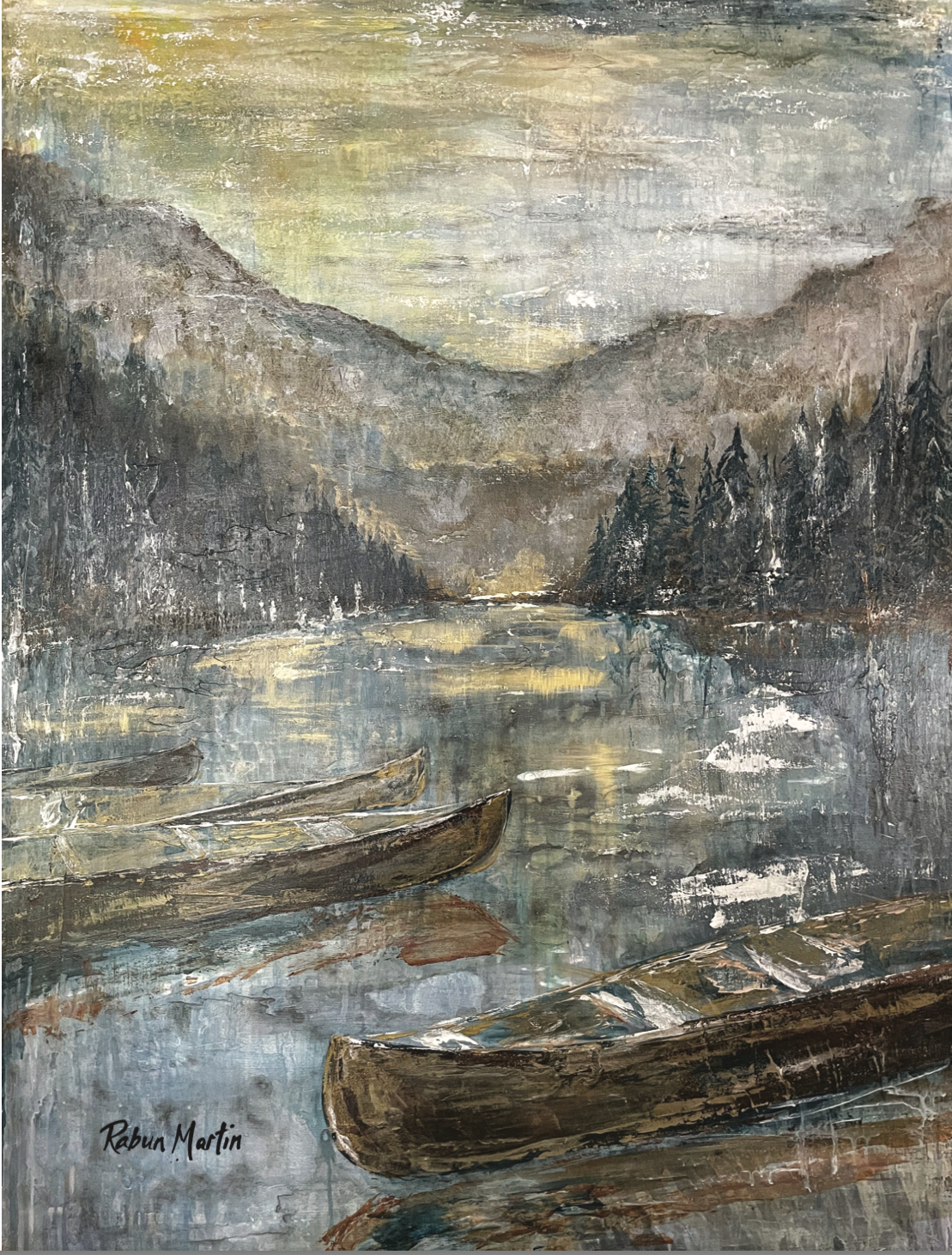 12x16 Four Canoes With Mountains