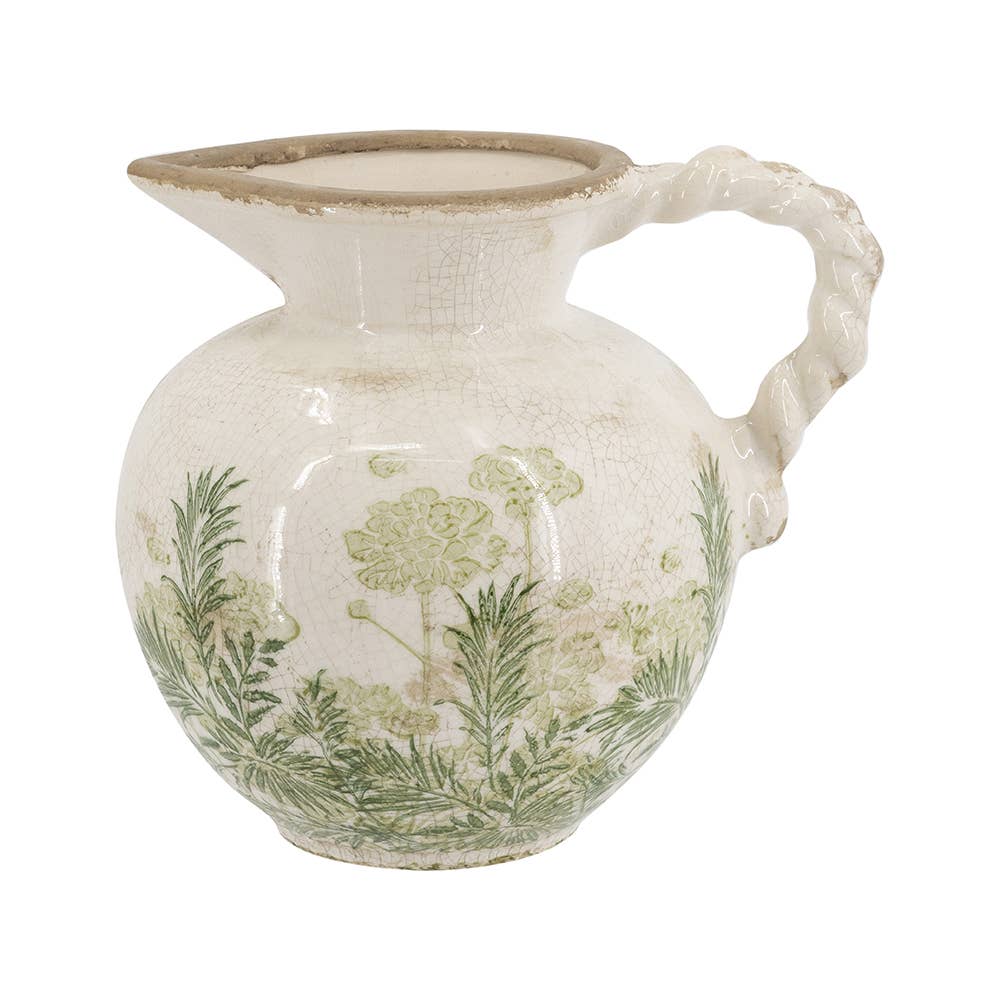 8x6.5x7.3" White Ceramic Vase With Green Floral Motif