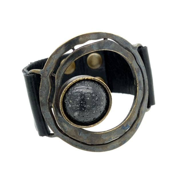 Off-Center Stone Leather bracelet: Vintage Brown w African Turq