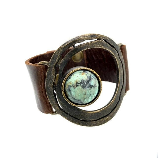 Off-Center Stone Leather bracelet: Vintage Brown w African Turq