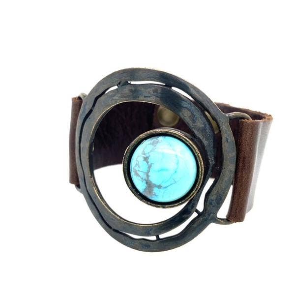 Off-Center Stone Leather bracelet: Vintage Brown w African Turq