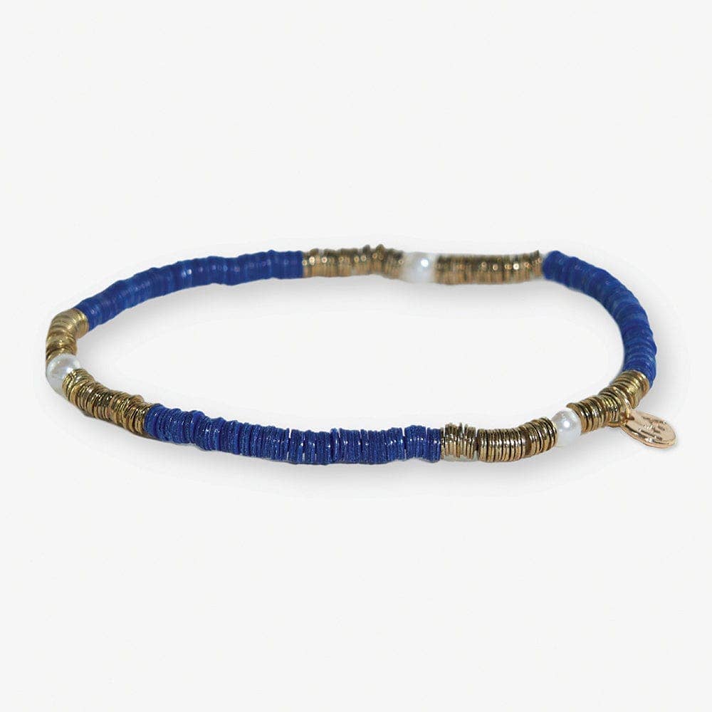 Rory Solid Color With Gold And Pearls Small Sequin Stretch Bracelet Lapis Blue Wholesale