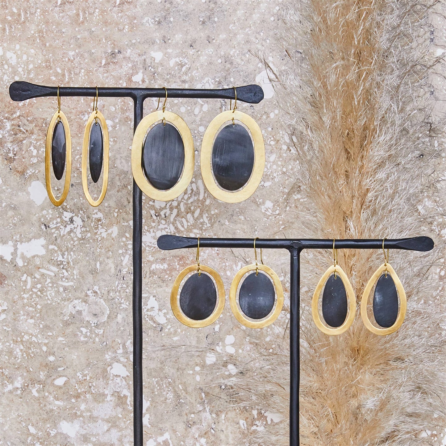 Banjar Floating Long Oval Earring - Dark Horn, Brass