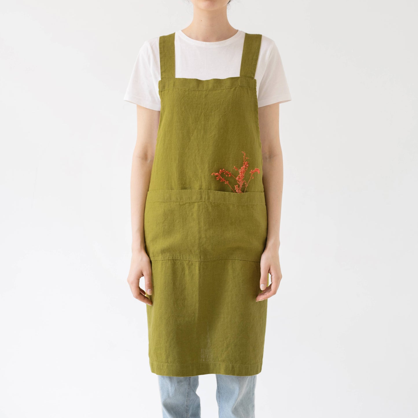 Moss Green Linen Japanese Crossback Apron
