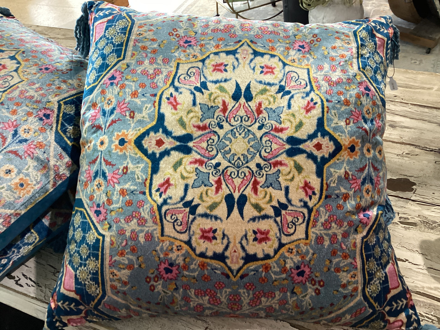 Square Blue Tassel Throw Pillow