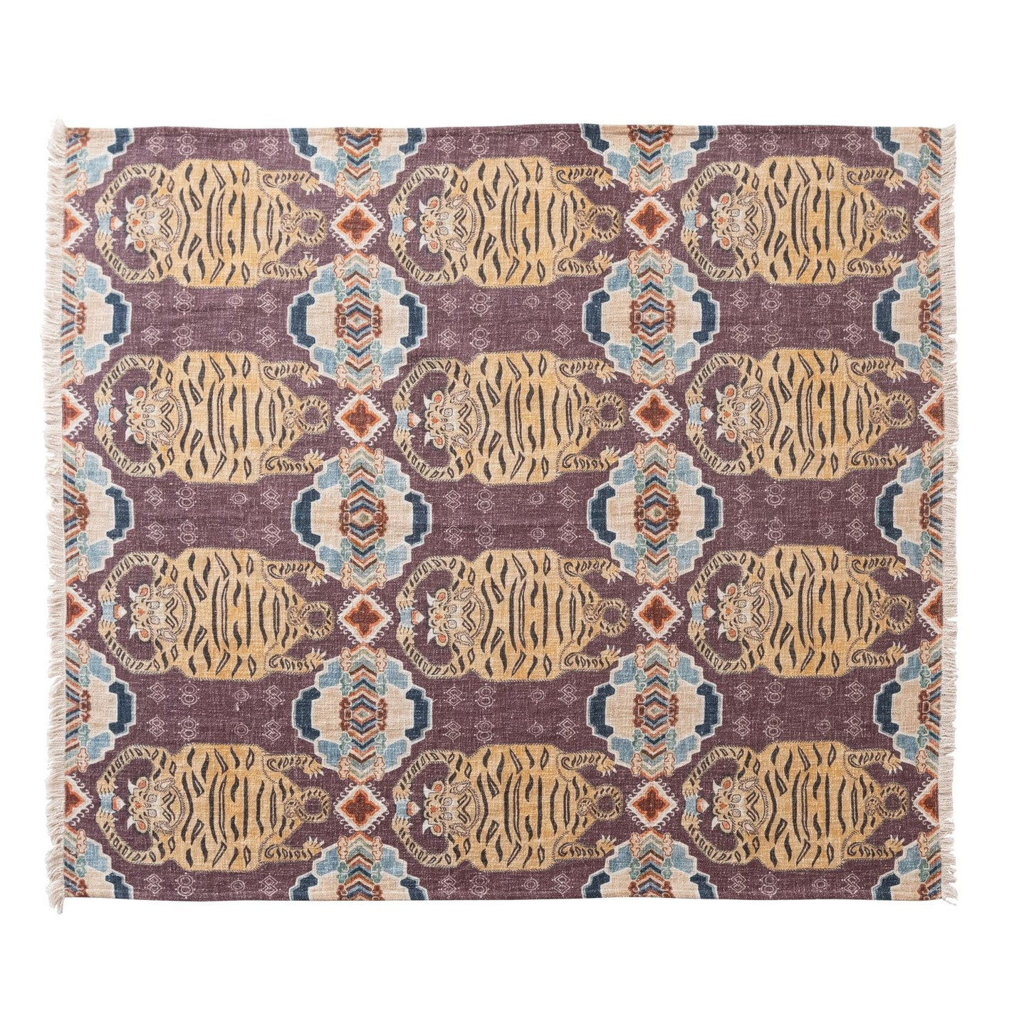 Cotton Slub Printed Throw w/ Tibetan Tigers Pattern & Fringe