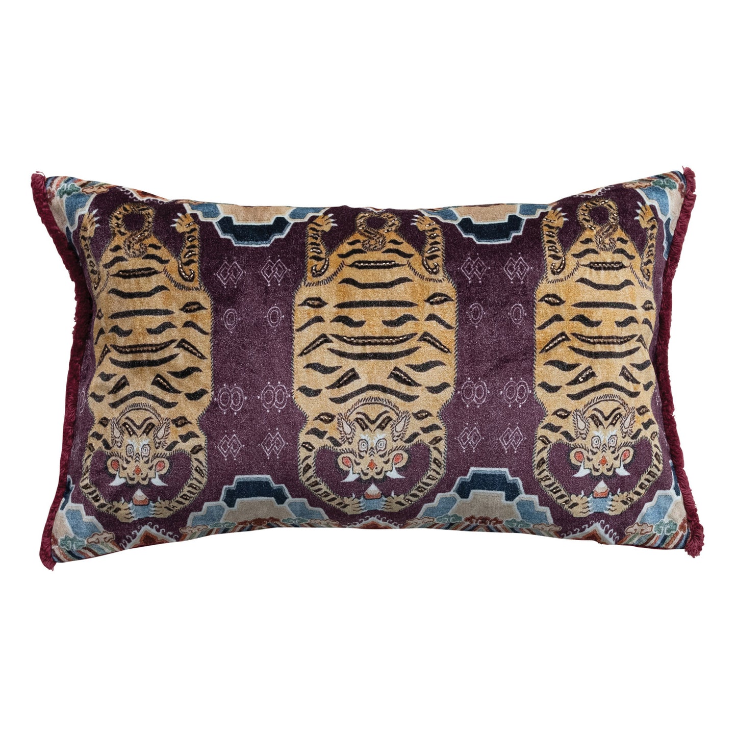 Cotton Velvet Printed Lumbar Pillow w/ Tibetan Tigers Pattern, Beads & Eyelash Fringe