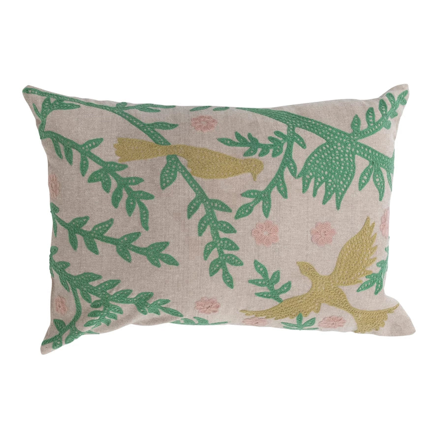 20" x 14" Cotton Chambray Lumbar Pillow with Bird Embroidery