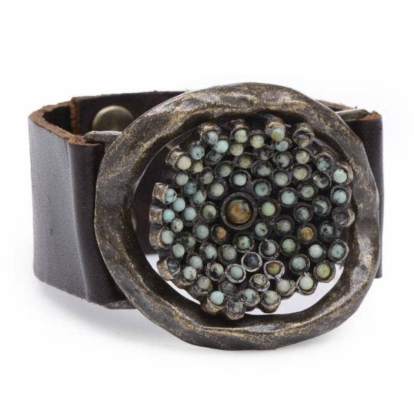 Flower Insert Beaded Leather Bracelet: Dk Crinkled Green w African Turq