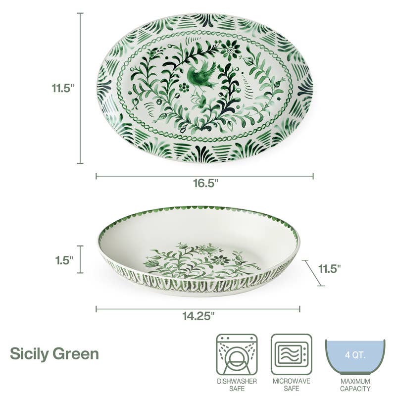 Fitz & Floyd Sicily Green Bowl/Platter Set Brown Bx Pkg: GREEN / 5316945 / English