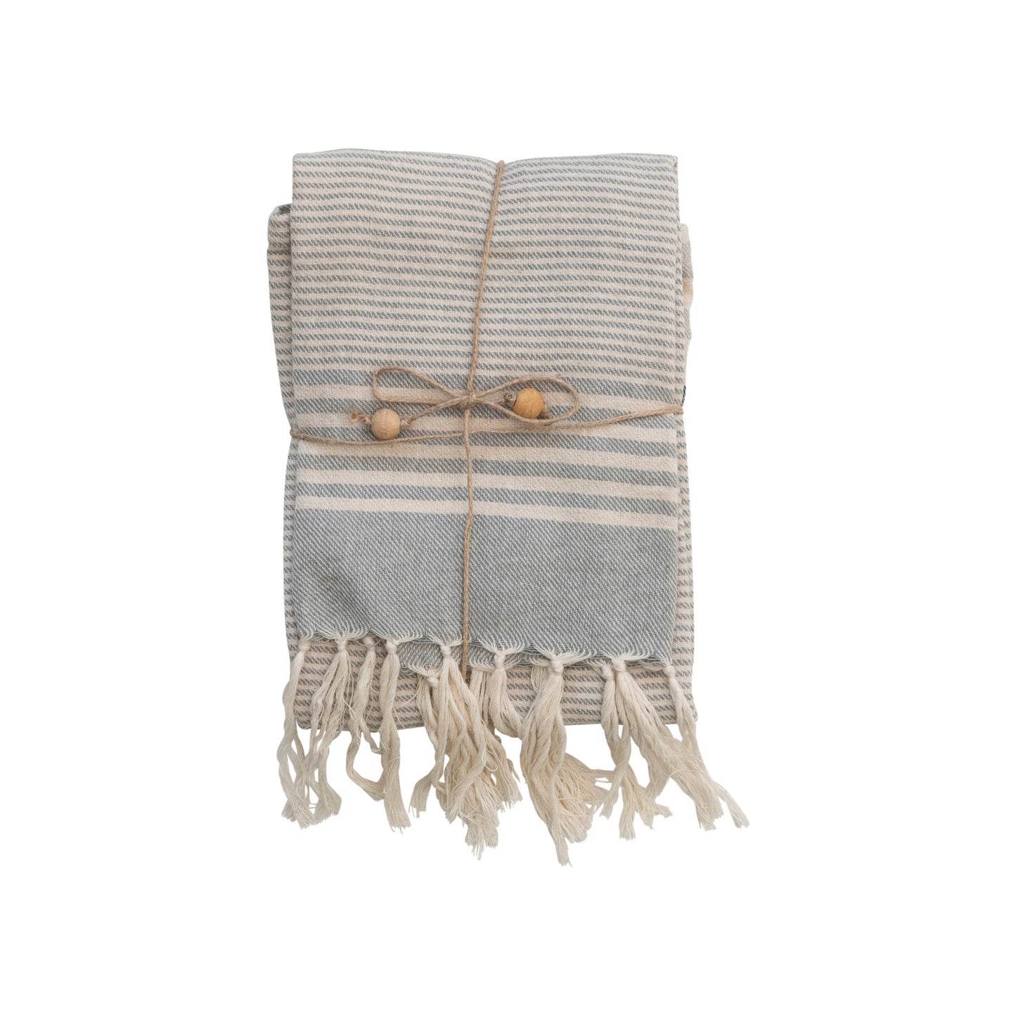 Woven Cotton Tea Towels w/ Stripes, Jute & Wood Bead Tie, 3 Styles, Set of 3