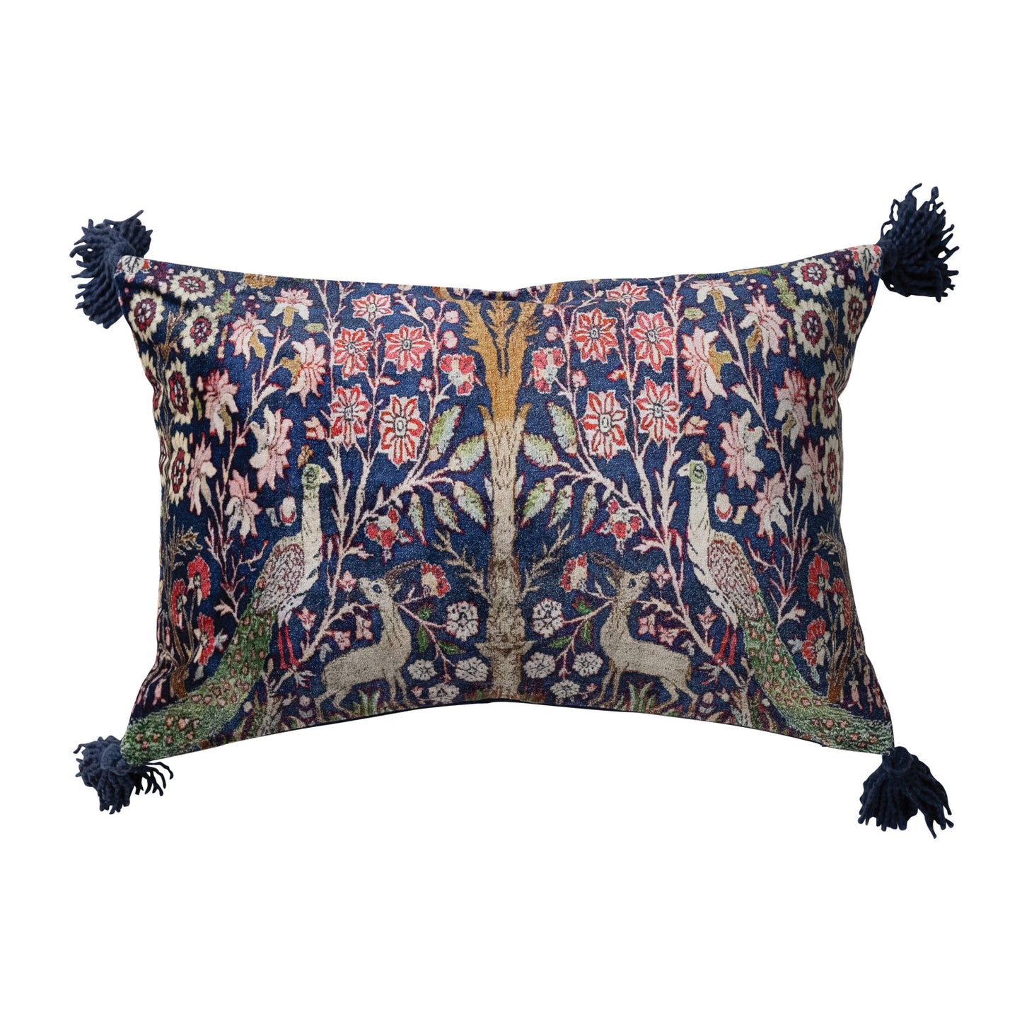 Cotton Velvet Printed Lumbar Pillow w/ Woodland Pattern & Tassels