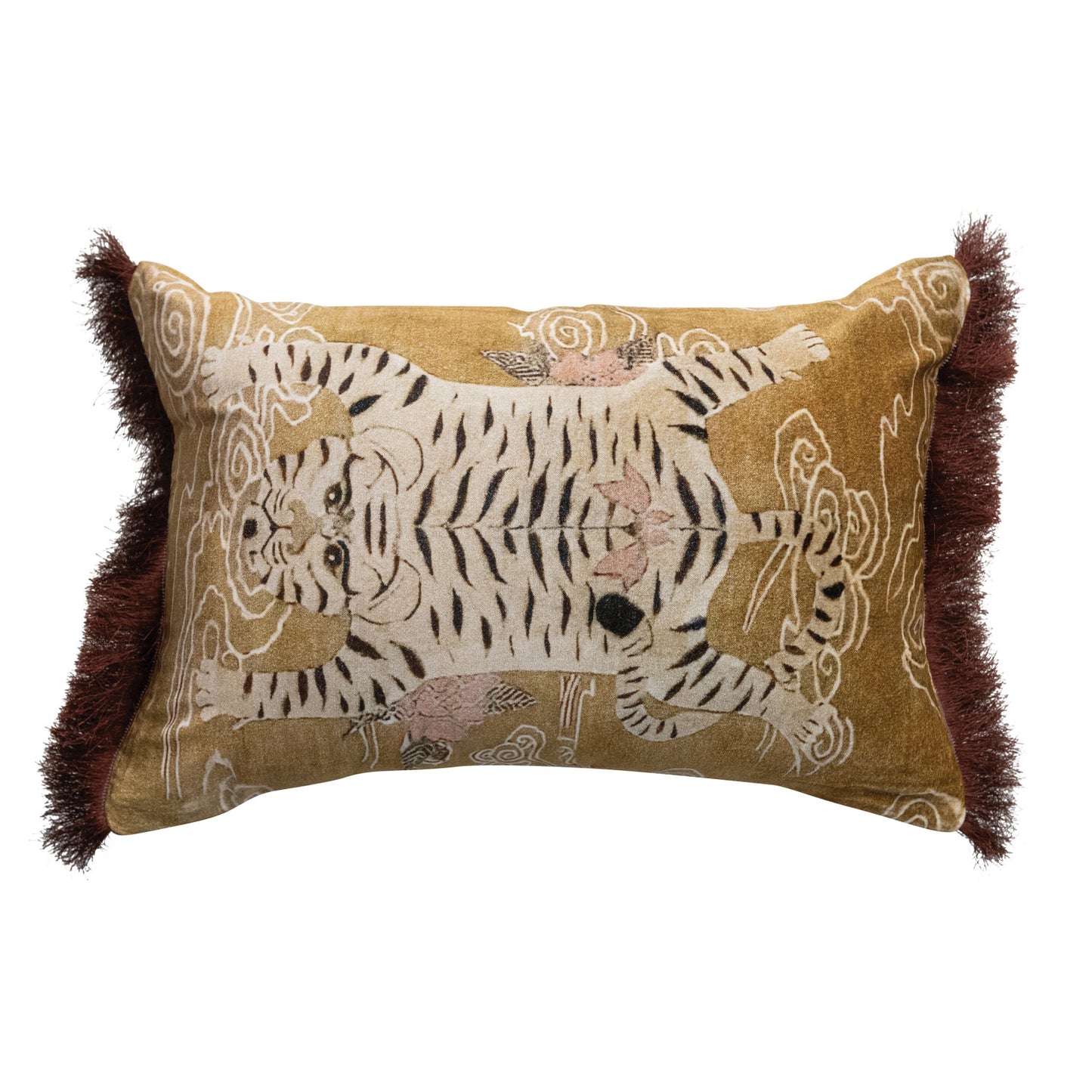 Cotton Velvet Printed Lumbar Pillow w/ Tibetan Tiger & Fringe