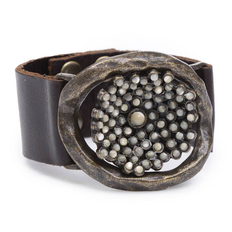 Flower Insert Beaded Leather Bracelet: Dk Crinkled Green w African Turq