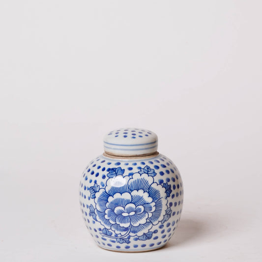 Blue and White Porcelain Peony Polka Dot Round Storage Jar