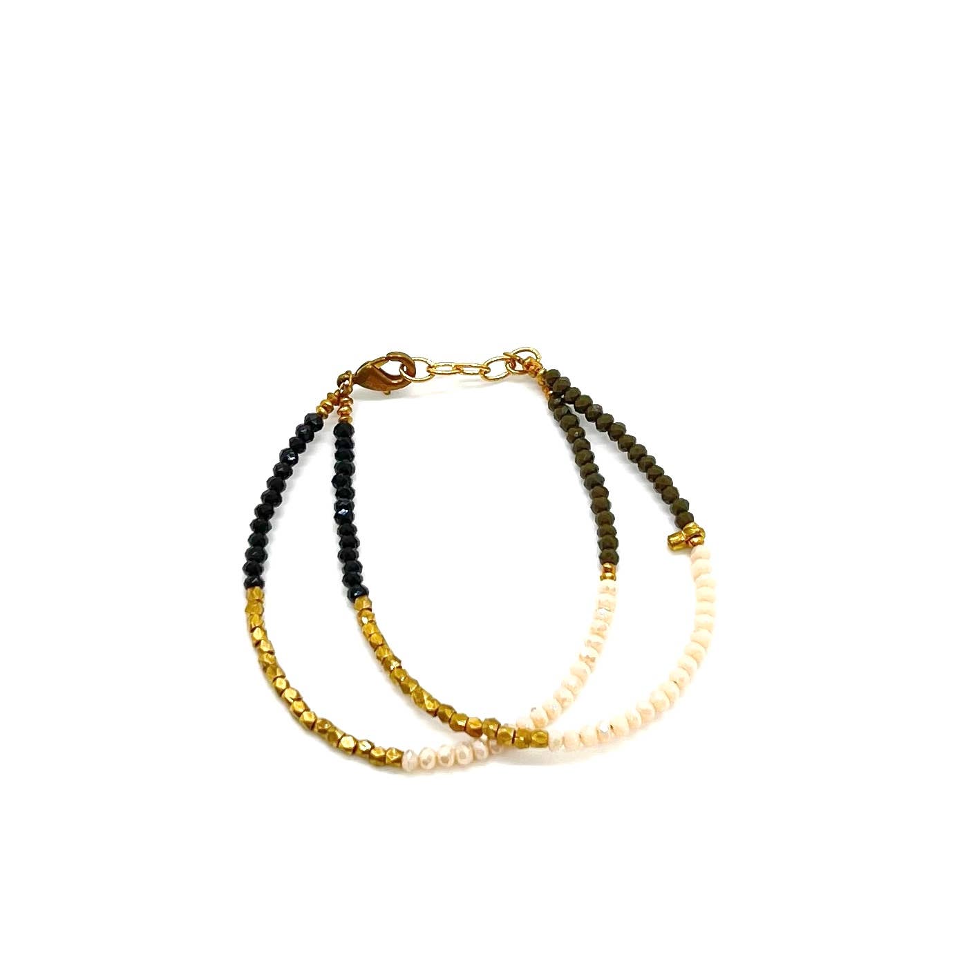 Two Strand Beaded Brass & Glass Bracelet: Gray