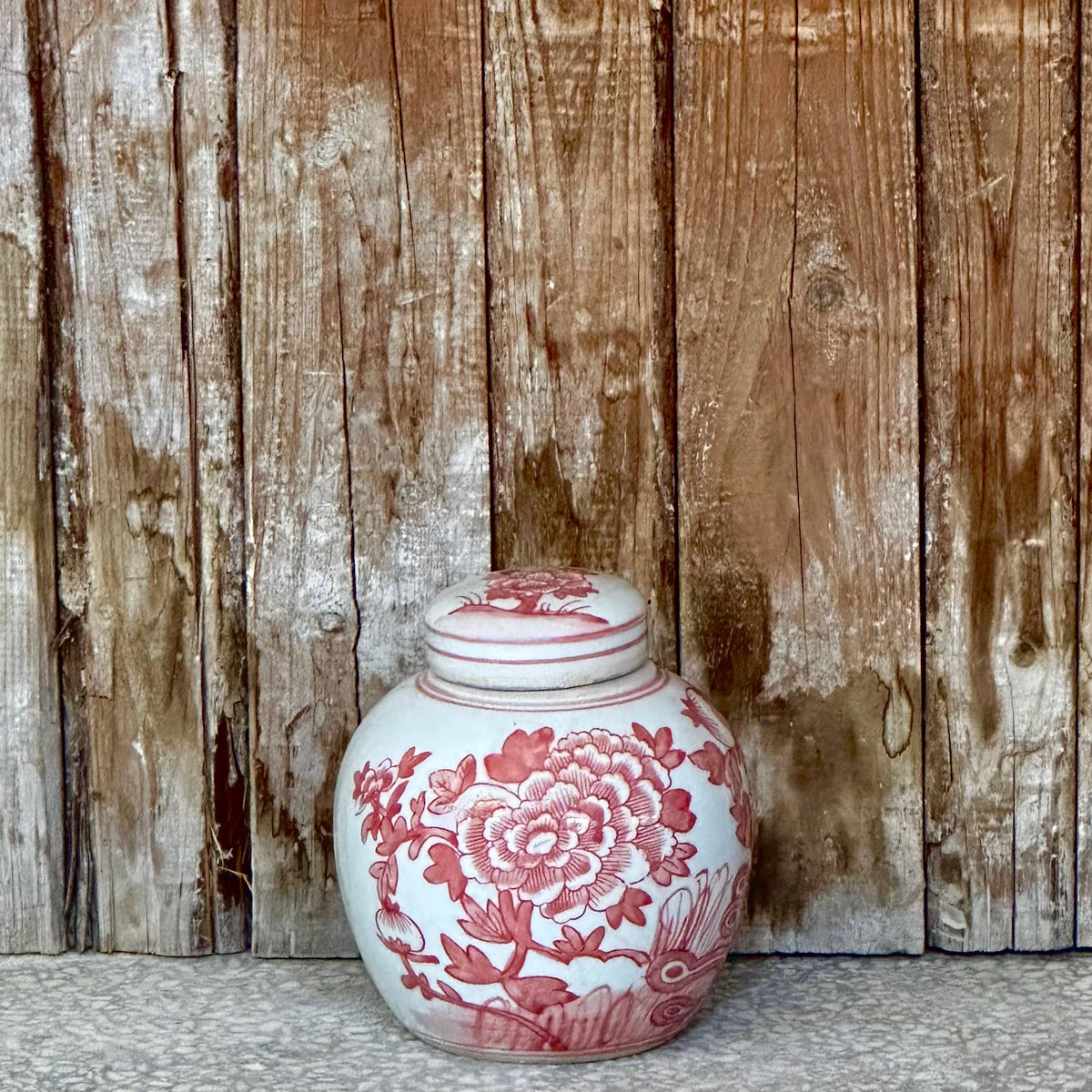 Red and White Porcelain Peony Round Storage Jar