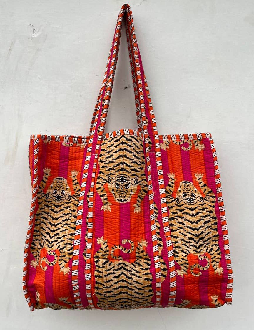 Market Bag Women Shopping Bag Tiger Print Cotton Quilted Bag