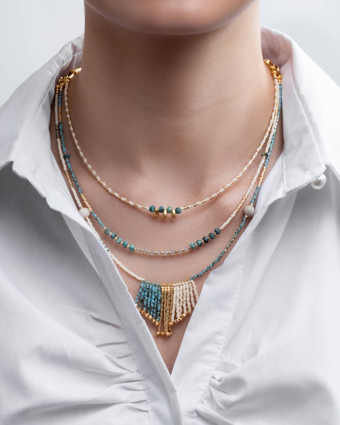 Handwoven Miyuki and Gem Fringe Layering Necklace (Olive)