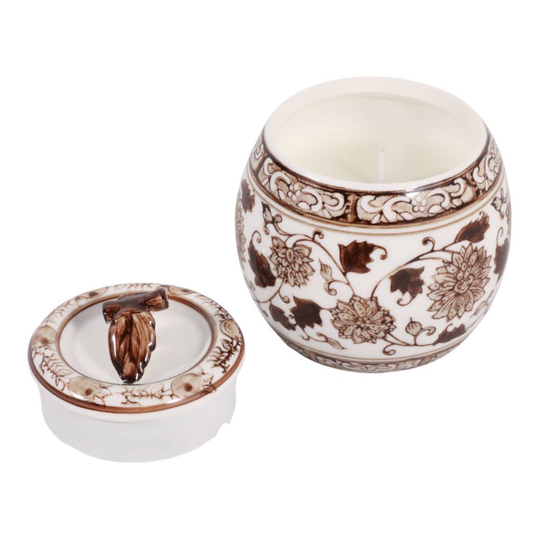 Scented Candle - Peony Wax Brown Chinoiserie With Lid, 8.5Oz