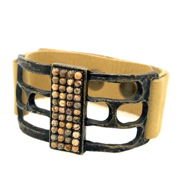 Open Rectangle Leather Bracelet: Vintage Brown w Black diamond