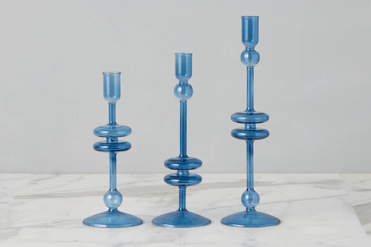 Glass Candlestick, Medium, Sapphire Blue
