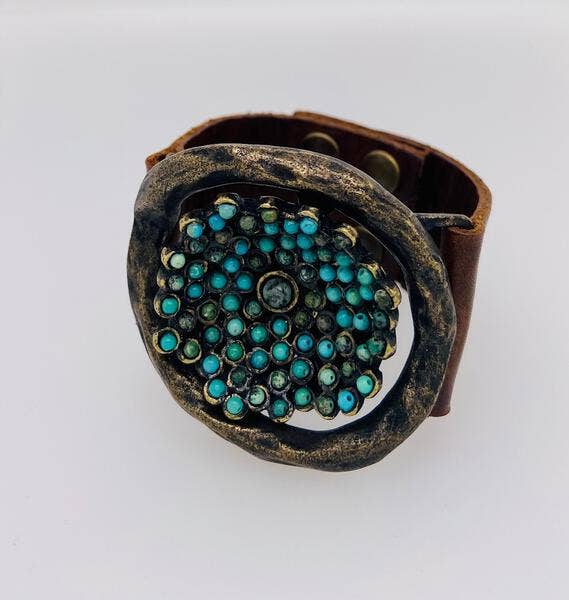 Flower Insert Beaded Leather Bracelet: Sage w African turq