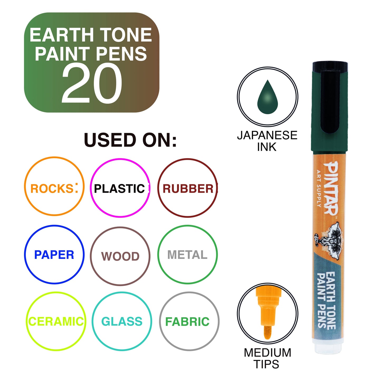 Pintar Earth Tone Paint Pens 5.0MM 20 Pack Marker Set with Medium Tip | Paint on Rocks, Canvas, Glass, Ceramics, Plastic, Fabric, Porcelain | Quick-Dry Action Tip Markers, Water-Based Formula