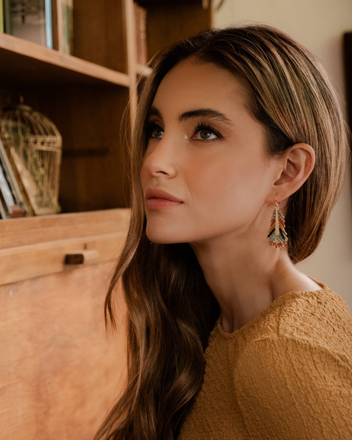 Beaded Handwoven Gilded Feather Earrings (Rust/Aqua)