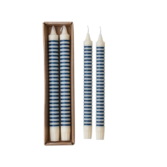 (Unscented Striped Taper Candles in Box, blue, Set of 2 (Est. Burn Time 6 Hours)