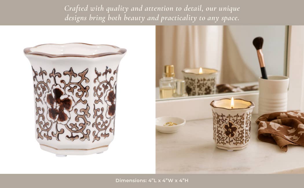 Scented Candle - Plumeria Brown and White Ceramic, 6 Oz