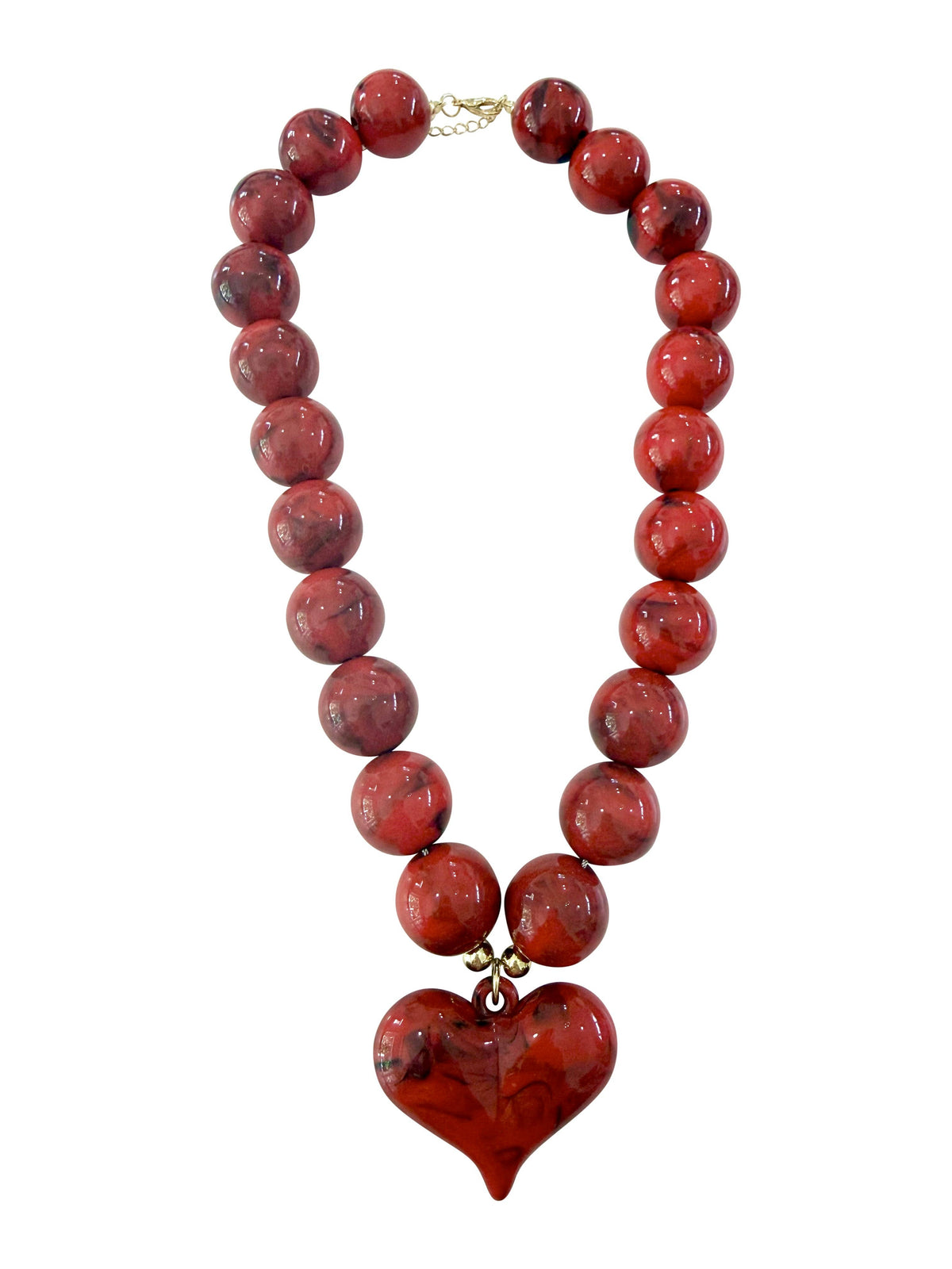 Kaiden Chunky Beaded Necklace with Heart Charm -Red