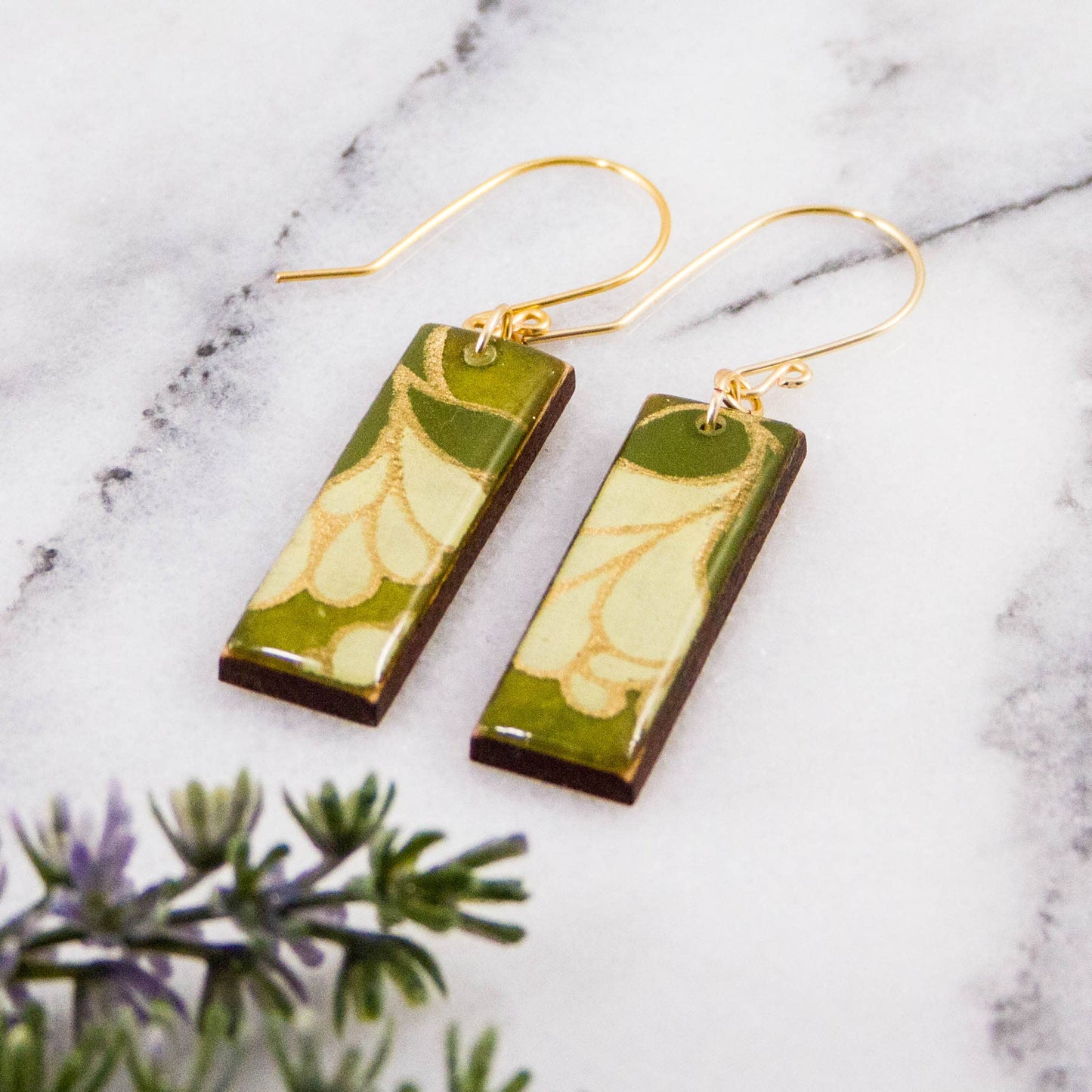 Green Nouveau Floral Rectangle Earrings