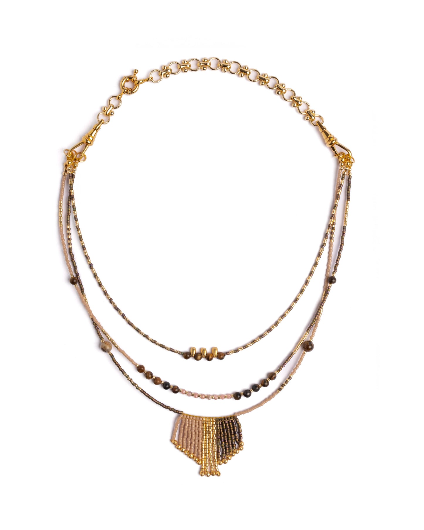 Handwoven Miyuki and Gem Fringe Layering Necklace (Olive)