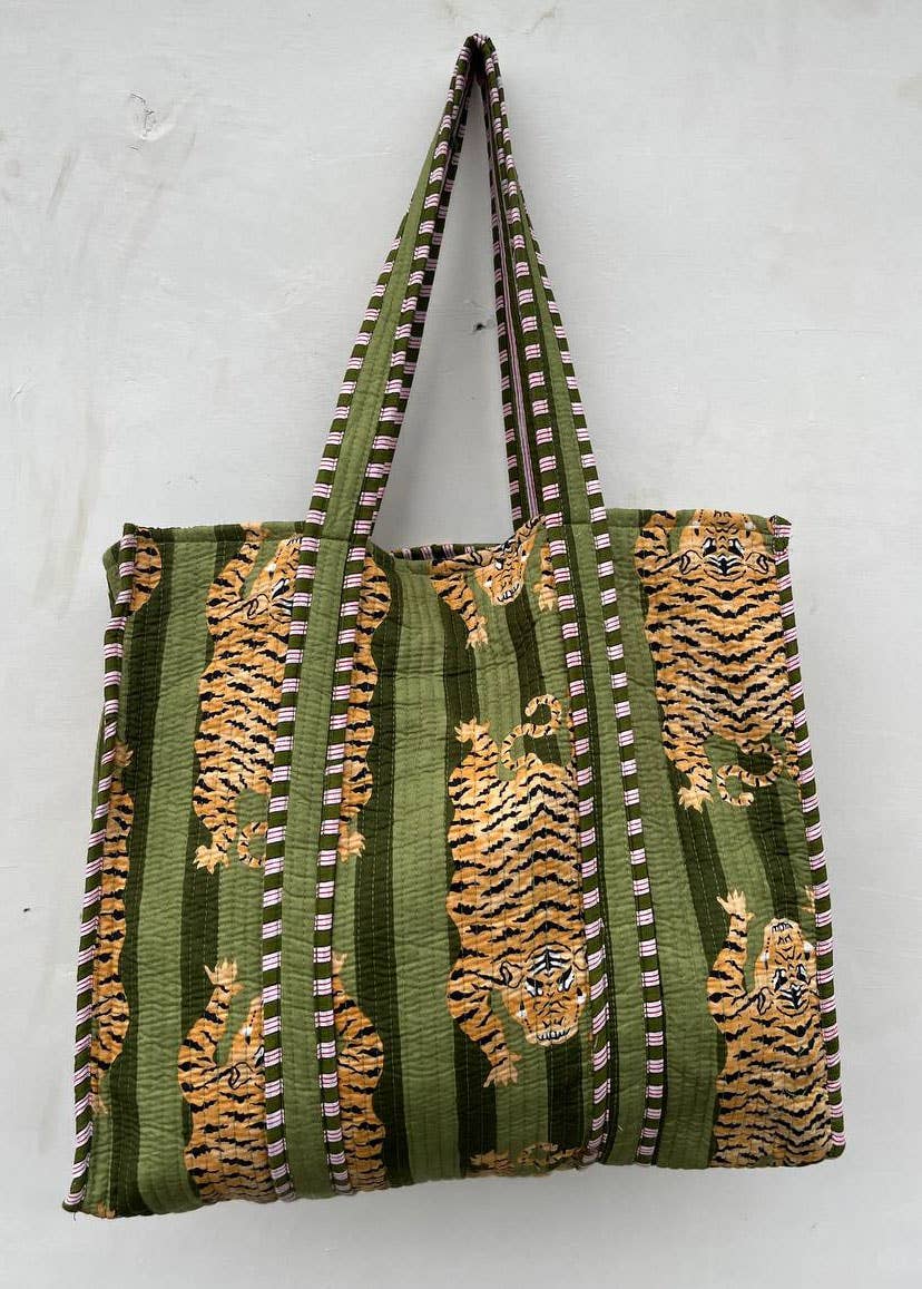 Tiger Block Printed Bag Indian Handmade Cotton Shopping Bag