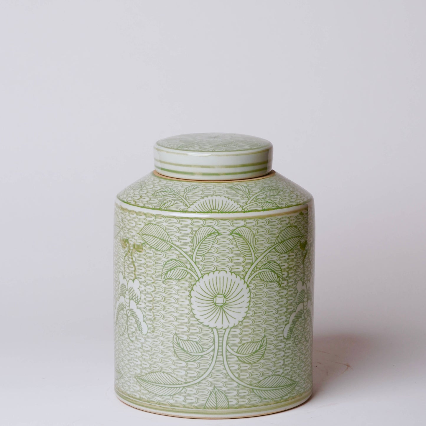 Deco Peony Green and White Porcelain Canister