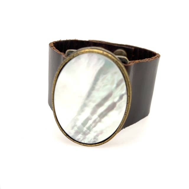 Oval Cabochon Leather Bracelet: Vintage Brown w African Turq