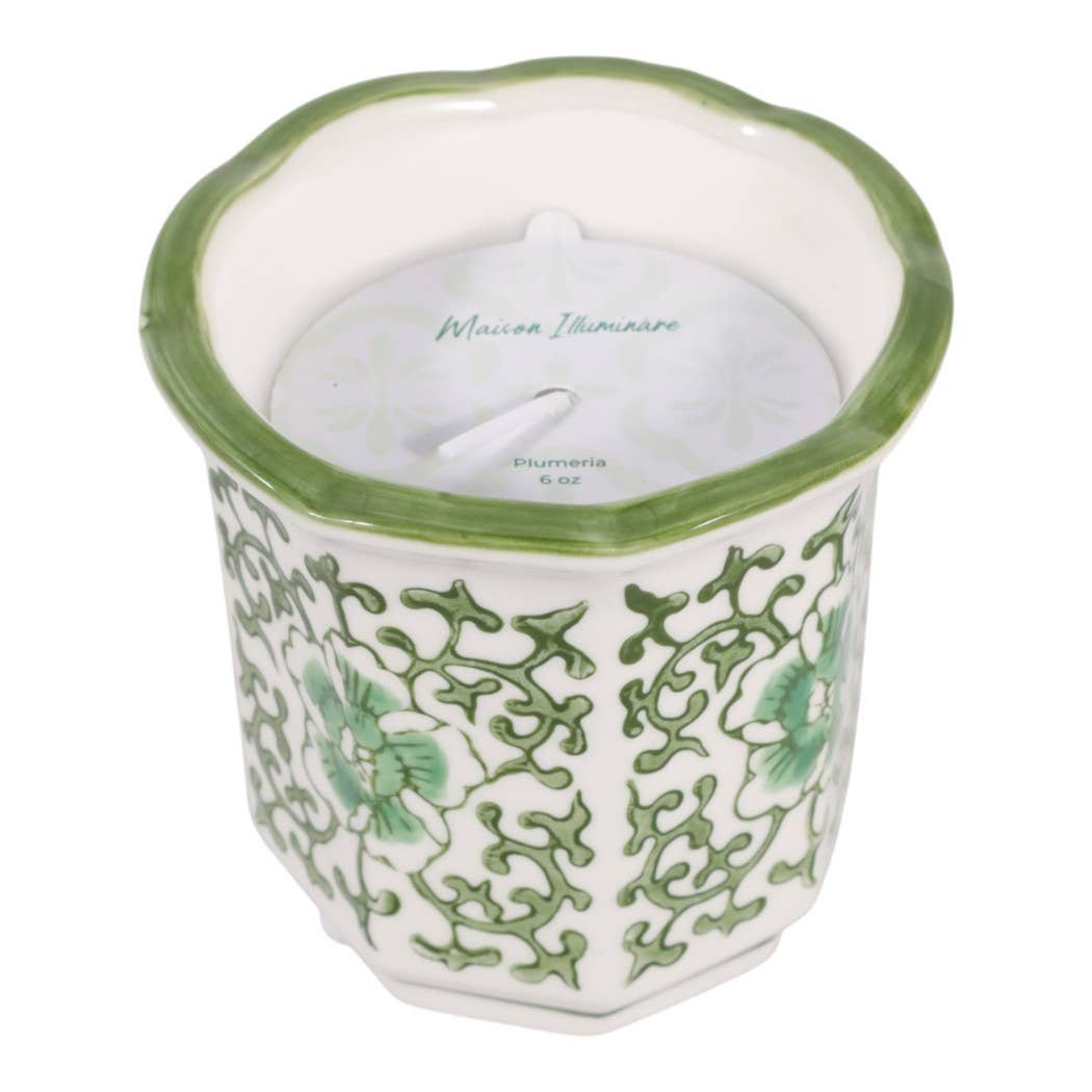 Scented Candle -  Plumeria Green and White Ceramic, 6 Oz