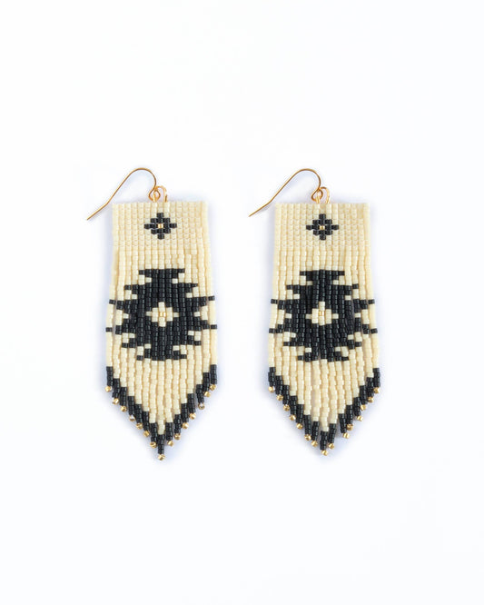 Beaded Handwoven Tribal Fringe Earrings (Cream/Black)