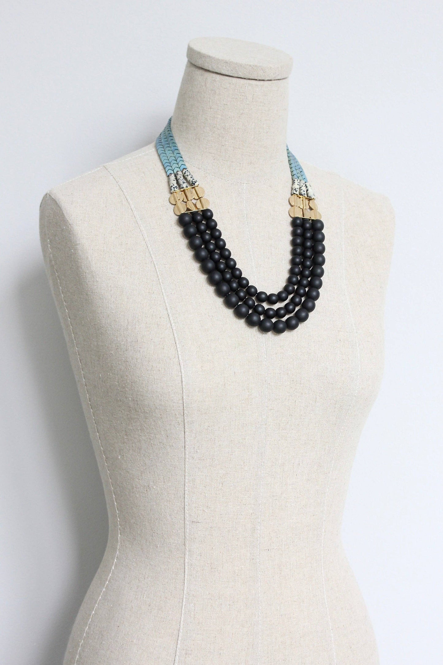 HYL221 Jet Glass and Hematite Triple Strand Beaded Necklace